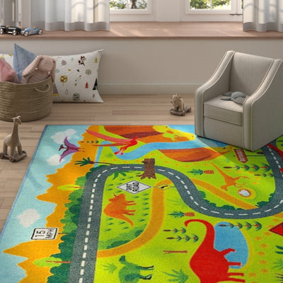 KC CUBS KCP010021-8X10 Playtime Collection Dinosaur Dino Safari Road Map Educational Learning & Game Area Rug Carpet for Kids and Children Bedrooms and Playroom