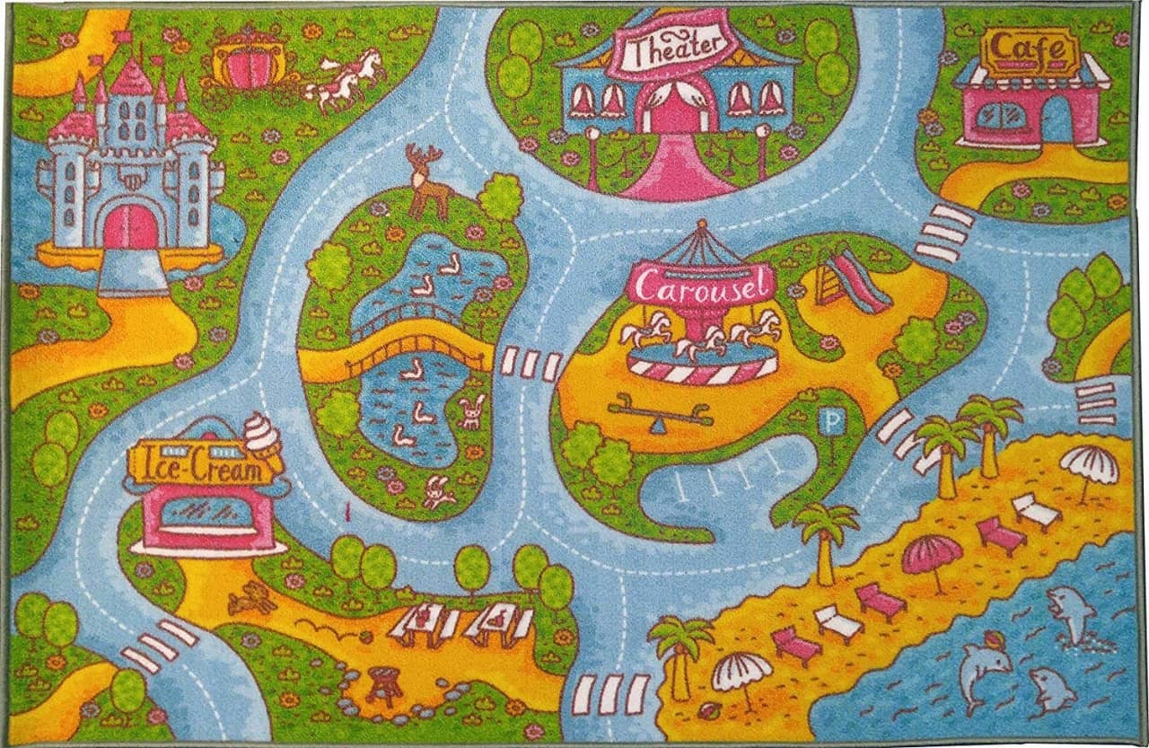 KC CUBS Kev & Cooper Playtime Collection Girls Road Map Educational Learning and Game Area Rug Carpet for Kids and Children Bedrooms and Playroom