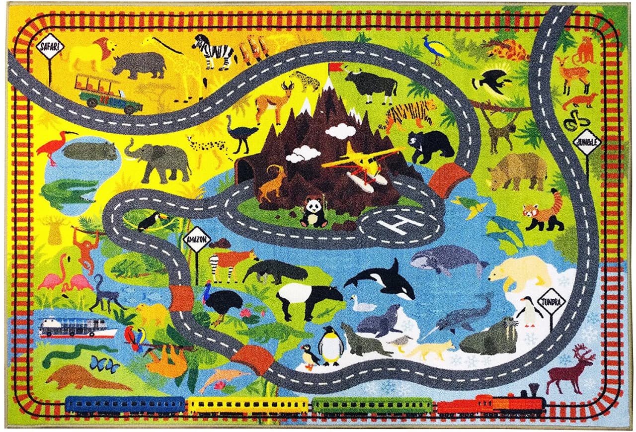 KC CUBS Playtime Collection Animal Safari Road Map Educational Learning & Game Area Rug Carpet for Kids and Children Bedrooms and Playroom