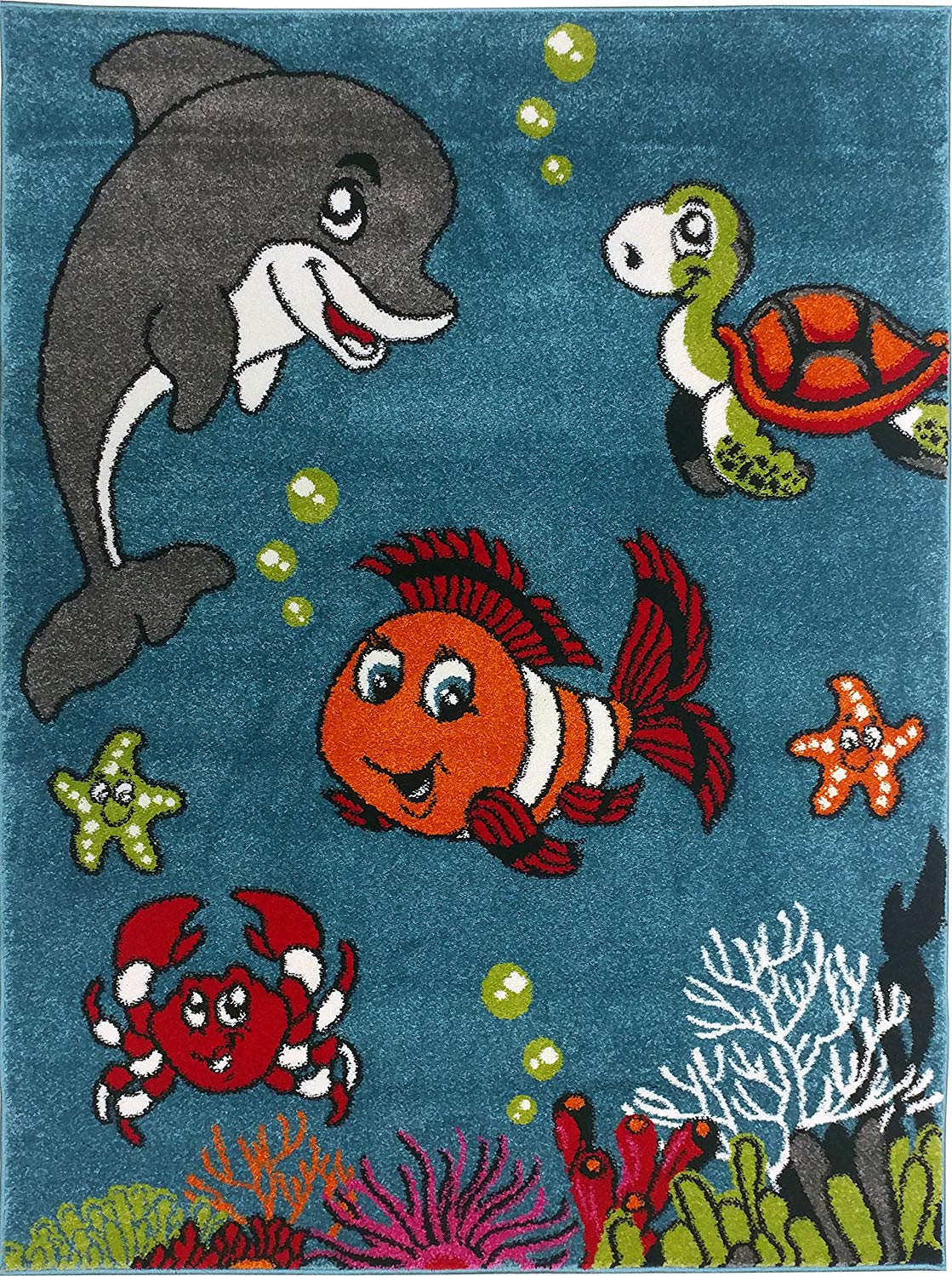 KC CUBS Boy and Girl Bedroom Modern Decor Pink Blue White Area Rug and Carpet Collection For Kids and Children (5' 3" x 7' 3", Clown Fish & Sea School Friends)