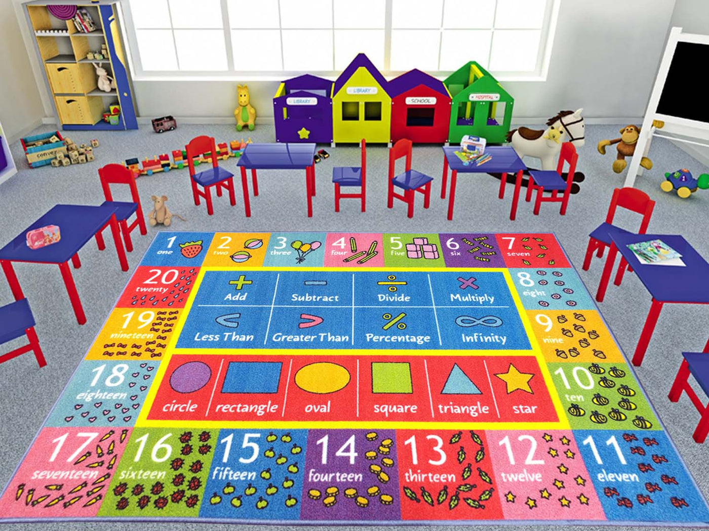 KC Cubs Playtime Collection Math Symbols, Numbers and Shapes Educational Learning Area Rug Carpet for Kids and Children Bedroom and Playroom