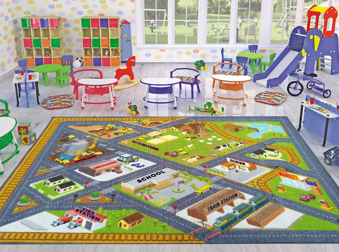 Kev & Cooper KCP010025-8X10 Playtime Collection Country Farm Road Map with Construction Site Educational Learning Area Rug Carpet for Kids and Children Bedroom and Playroom