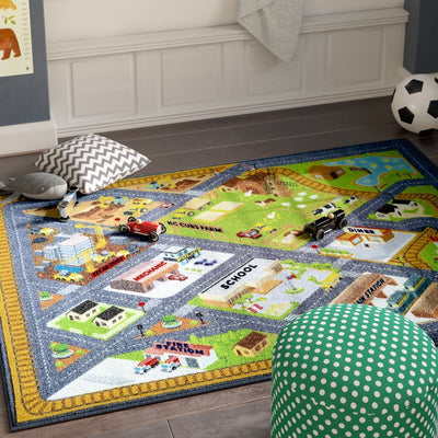 Kev & Cooper KCP010025-8X10 Playtime Collection Country Farm Road Map with Construction Site Educational Learning Area Rug Carpet for Kids and Children Bedroom and Playroom
