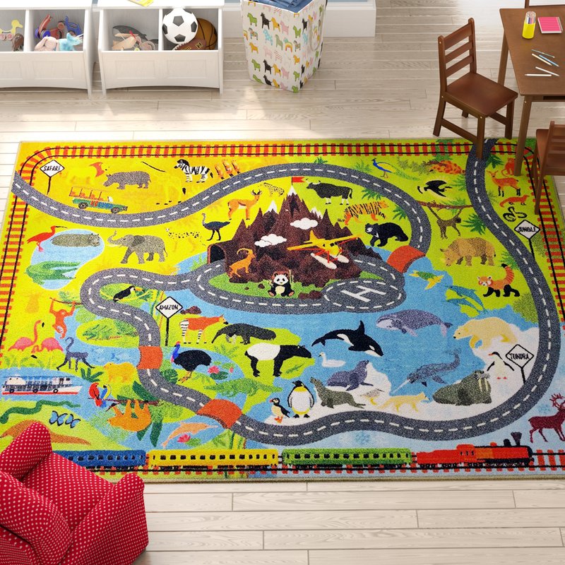 KC CUBS Playtime Collection Animal Safari Road Map Educational Learning & Game Area Rug Carpet for Kids and Children Bedrooms and Playroom
