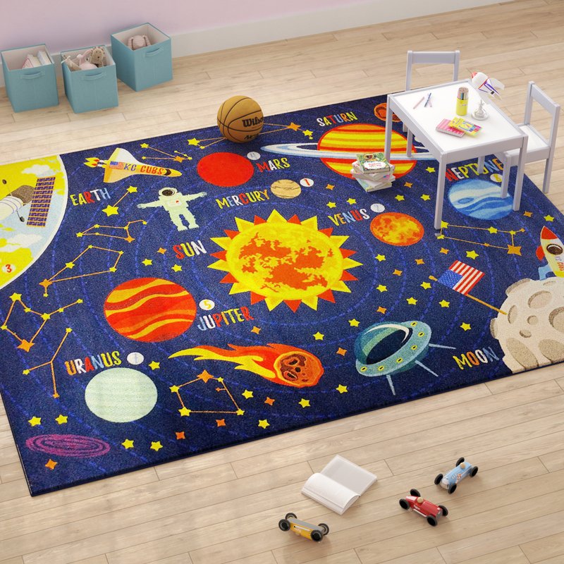 KC CUBS Playtime Collection Space Safari Road Map Educational Learning & Game Area Rug Carpet for Kids and Children Bedrooms and Playroom