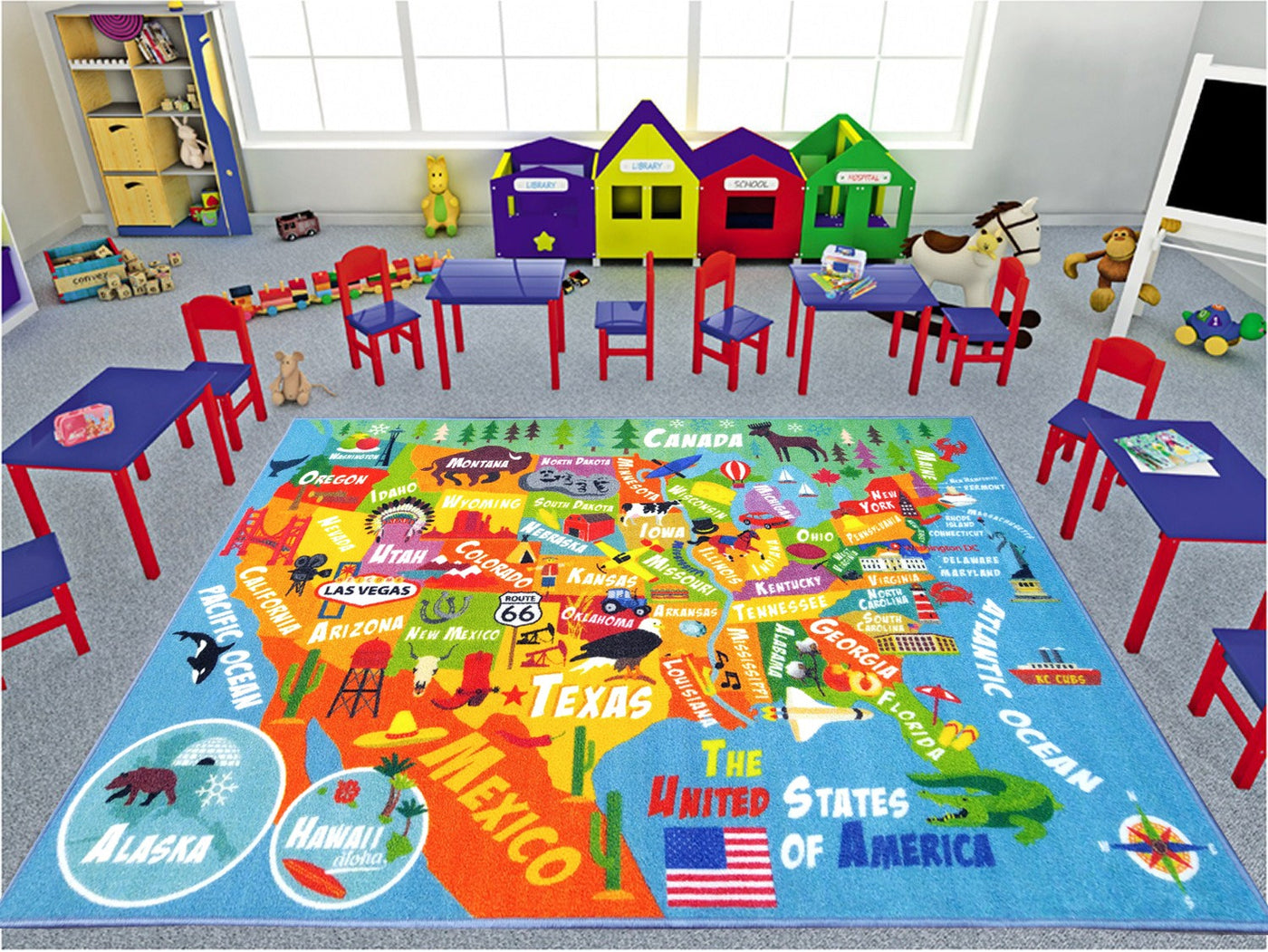 KC CUBS KCP010023-8X10 Playtime Collection USA United States Map Educational Learning & Game Area Rug Carpet for Kids and Children Bedrooms and Playroom